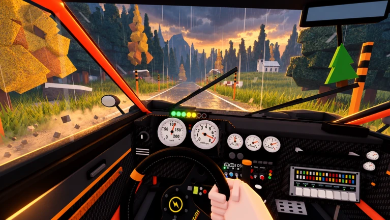 Official Backseat Rally cockpit gallery image with white gauges, orange roll cage and a wet forest road.